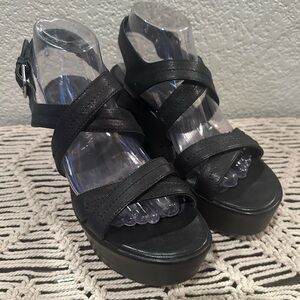 Stuart Weitzman Black Leather Platform Wedge Sandals